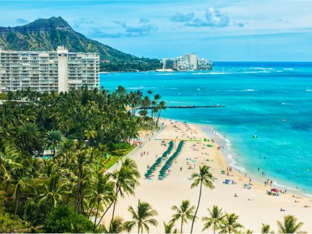 A picturesque beach with palm trees, turquoise waters, people enjoying the sun, and distant mountains and buildings under a blue sky end the sentence.
